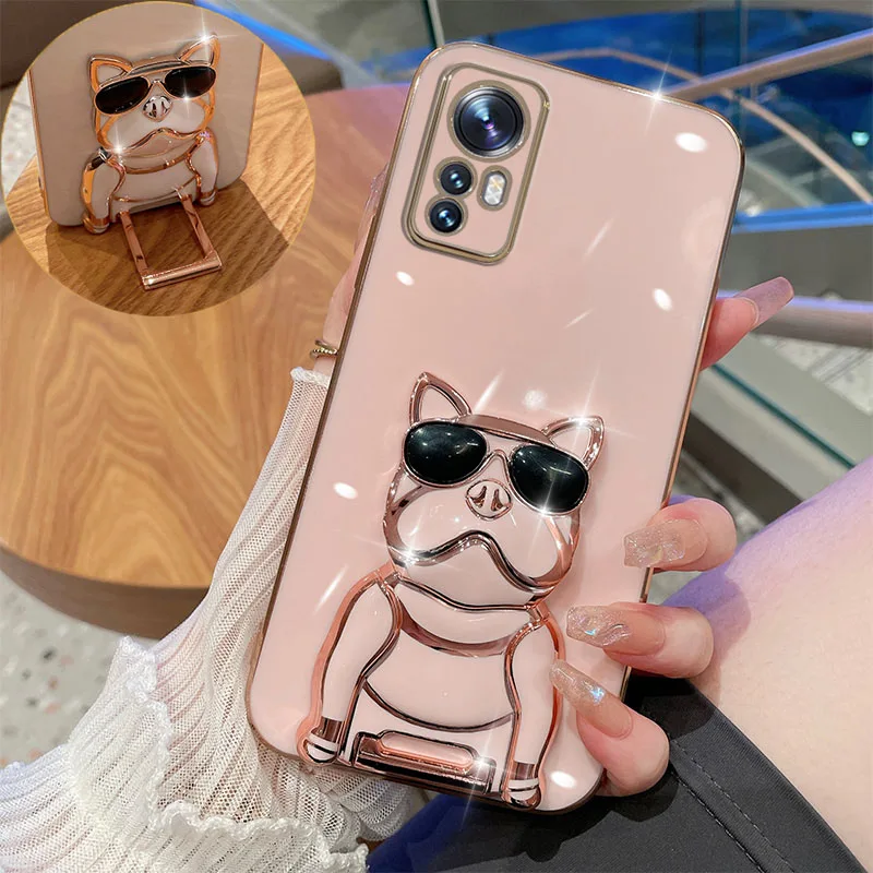 

Bulldog Holder Case For Xiaomi Mi 12 12X 12S Ultra 12T 11T 11 Lite 11X 10 10T 10S 9 8 CC9 Pro Plating Silicone Kickstand Cover