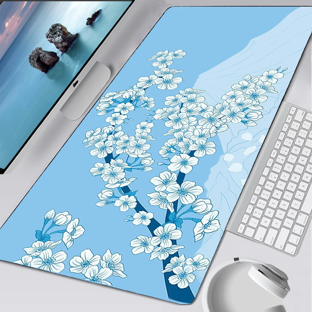 Blue Sakura Office Desk Mat Kawaii Great Wave Mousepad Xxl Japanese Art Table Mouse Pad Gamer Carpet Computer Desks Accessories