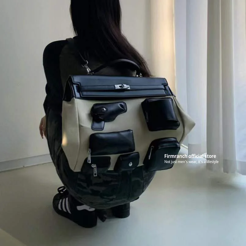 

Firmranch New Multi Solid Pockets Heavy Canvas Hand Backpack Bag Both For Women Men PU Leather Knapsack Hot Shoulder bag