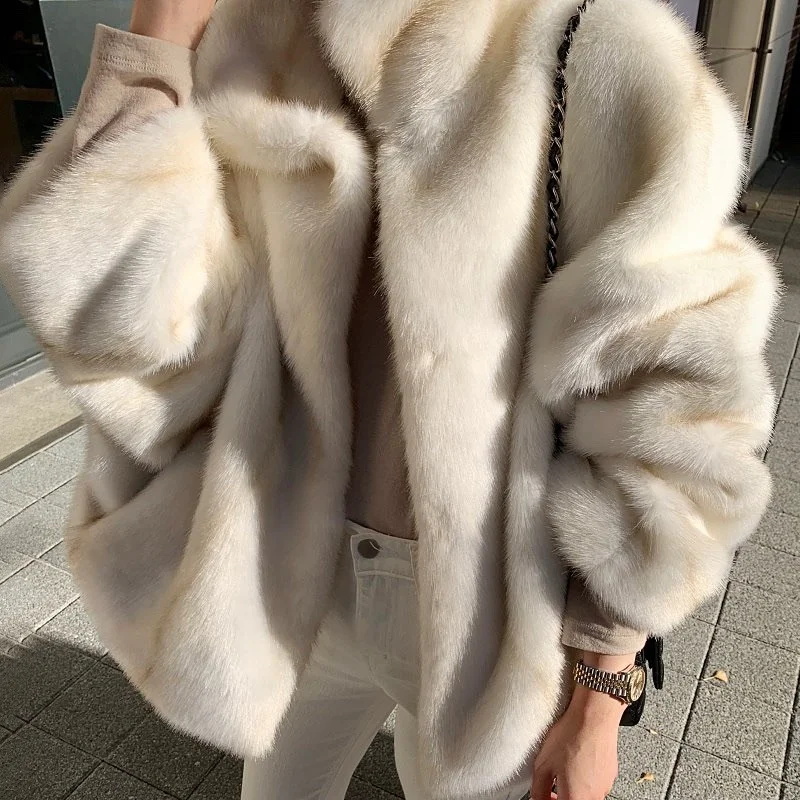 Women's 2022 Korea Autumn and Winter Fashion Jacket Temperament Elegant Lapel Slotted Loose Pockets Warm Mink Imitation Fur