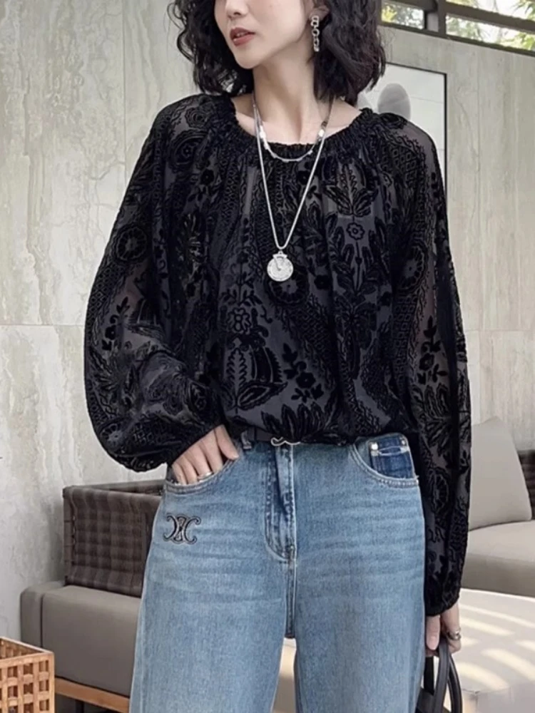 High-End Versatile Black Temperament Shirts Women 2024 Autumn New Plus size Chubby Girl Slimming Fashion Top