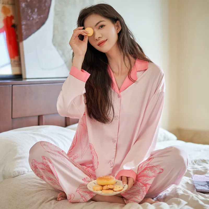 High Quality Women's Pajamas Set Floral Print Faux Silk Nightie Pink Homewear Leisure Simple Sleepwear Loungewear Female