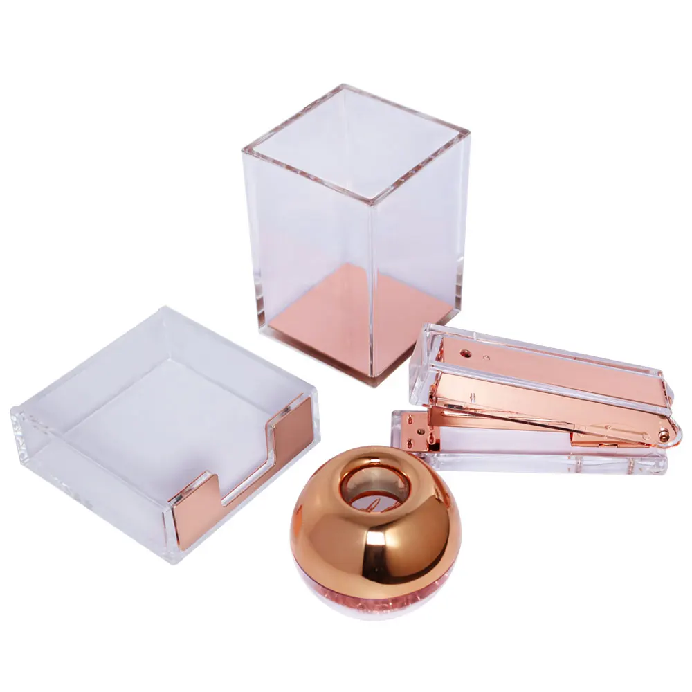 

Set In Kit Note Stationery Round Office Clear Acrylic Holder Holder, Accessories 1 Paperclip Pencil Box Stapler, Storage, Of 4