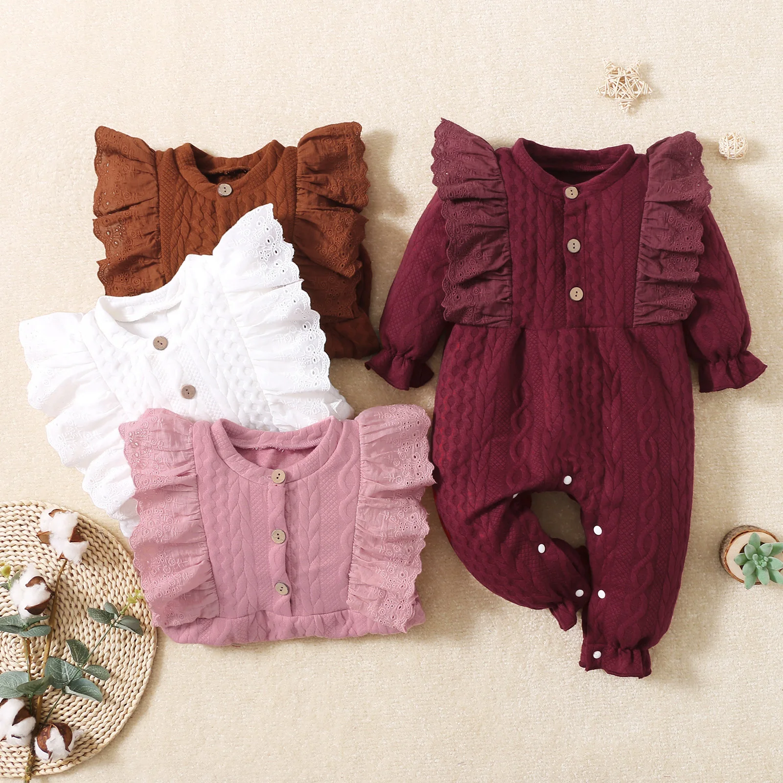 hibobi Baby Girl Sweet Solid Lace Ruffle Long Sleeve Jumpsuit