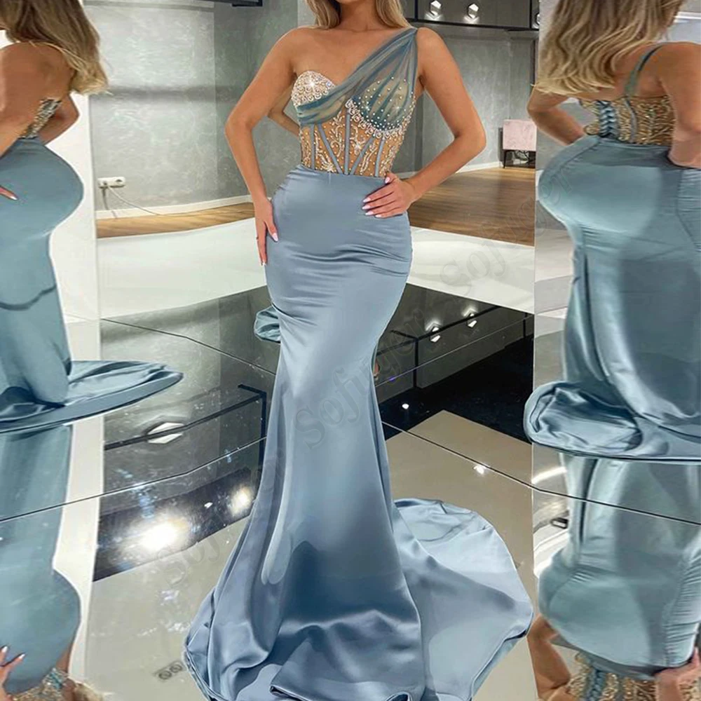 

SOFUGE One-Shoulder Gorgeous Evening Dresses For Women Floor Length Lace Appliques Prom Dresses Customized Vestidos De Noche
