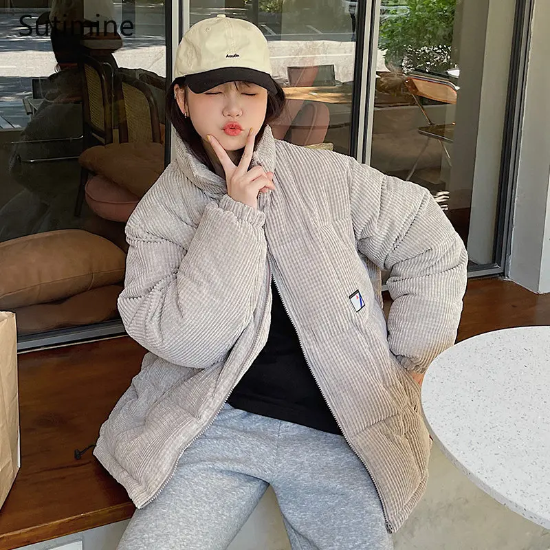 Winter Clothes Women Office Lady Pockets Corduroy Down Cotton Jacket for Women Preppy Style Short and Loose Zipper Winter Coat