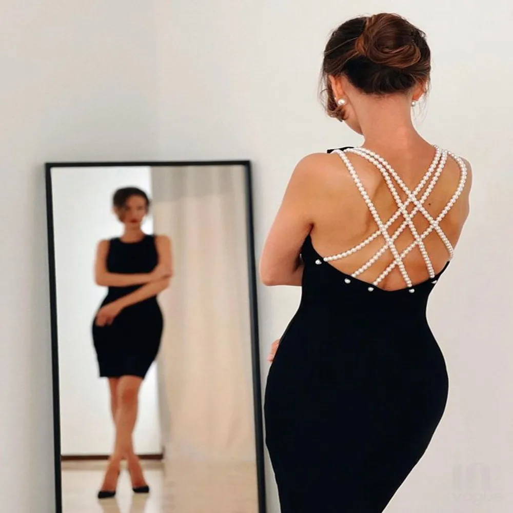 

High Quality Ladies HL Bandage Dress Sleeveless Sexy Backless Pearl Beading Bodycon Mini Dress Elegant Evening Party Dress