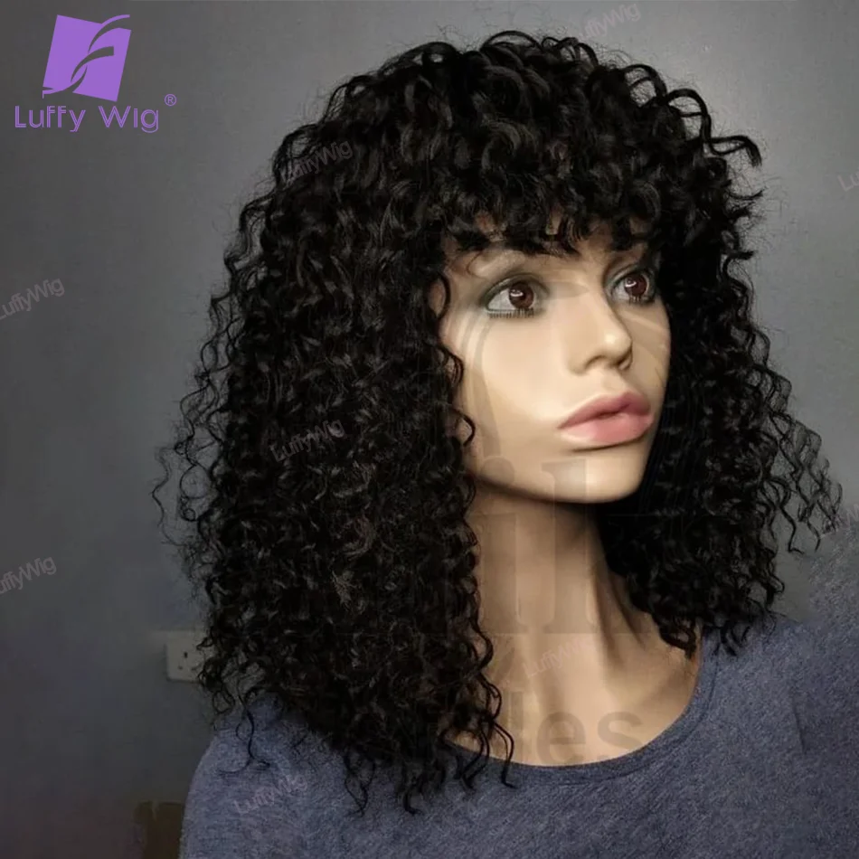 

Kinky Curly Wig With Fringe Bangs Remy Brazilian Full Machine Made Human Hair Wig O Fake Scalp Top For Women Bouncy Curly Wigs