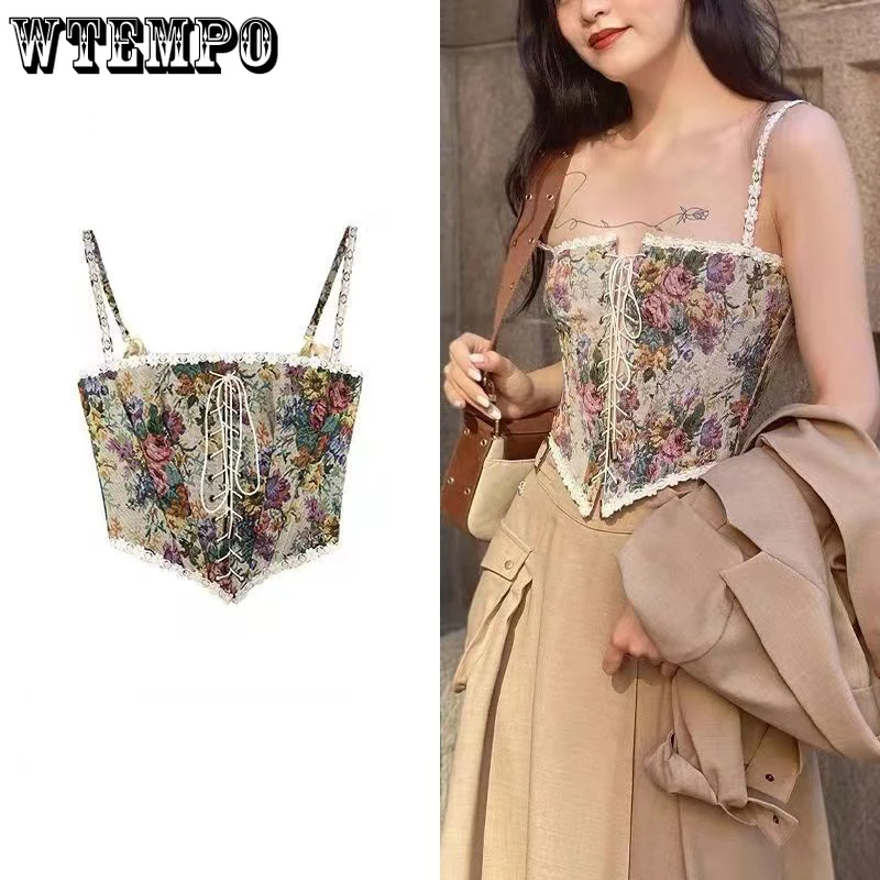 

Sexy Camisole Vest Women's Retro Style Summer Floral Slim Fit Lace-up Corset Y2k Crop Tube Top Halter Drawstring Lace