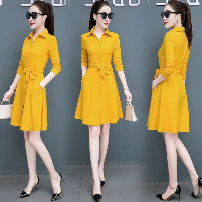 

Fashion Shirt Knee-length Dress Women Office Dresses Autumn Spring Polo Collar Long Sleeve Single Breasted Ladies Vestidos T562