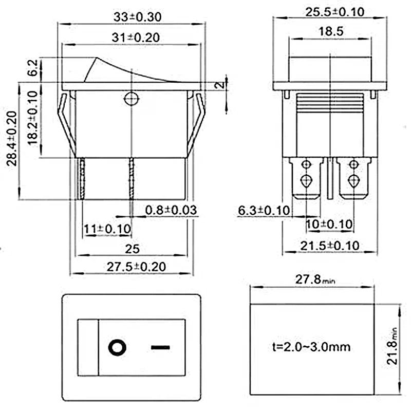 10 шт./лот KCD4-201 25x31 мм 6 контактов 3 положения 16A 250 В 20A переменного тока ON-OFF-ON SPDT