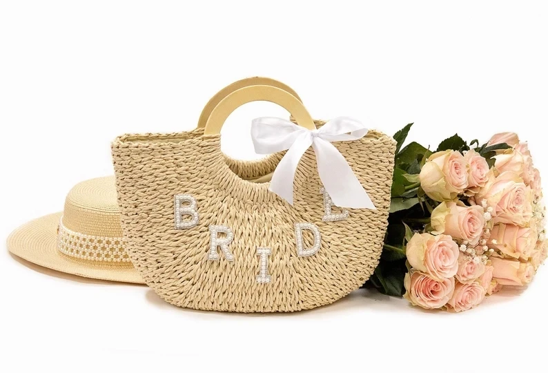 Bride Custom Beach Bag Personalized Straw Basket Bridal Shower Customized Straw Bags Custom Beach Bag Straw Tote Customized Bags