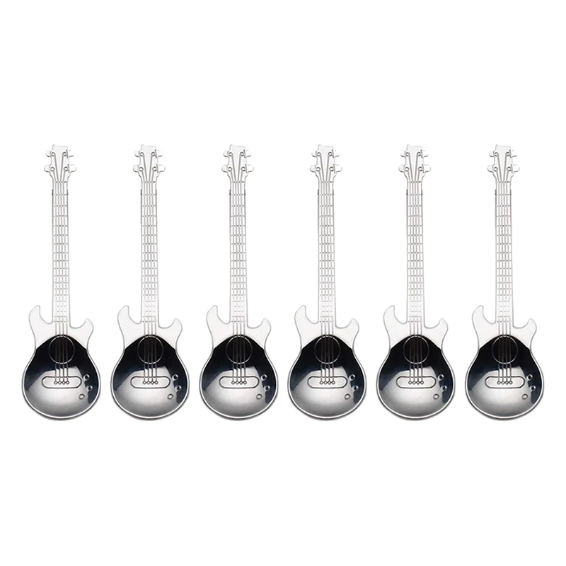 Guitar Coffee Spoons 6-Pack Creative Cute Spoons Stainless Steel Teaspoons Stirring Spoon Guitar Shaped(Silver)