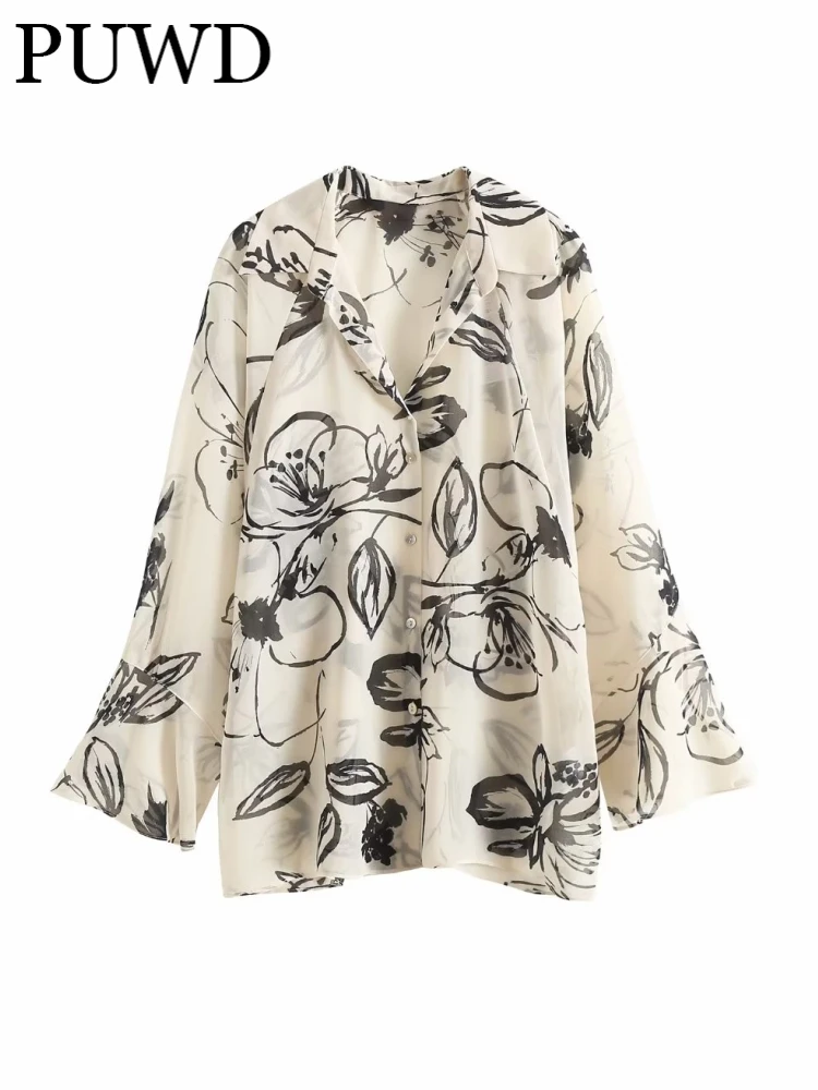 

PUWD Women Fashion Beige Translucent Printed Blouses 2023 Spring Vintage Polo Neck Button-up Long Sleeve Female Blouses Chic