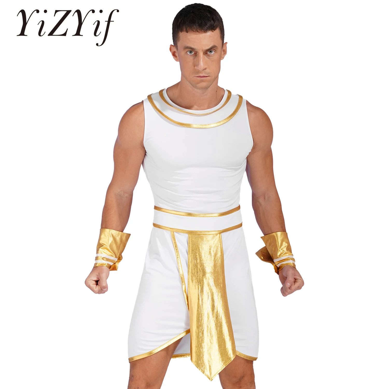 

Men Pharaoh Costume Adult Ancient Egypt King Cleopatra Role-Playing Outfit Sleeveless Dress+Cuffs Sets for Halloween Masquerade