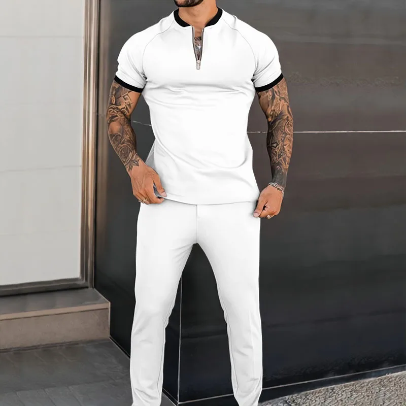 Summer Men's Suit Solid Color Crewneck Casual Short Sleeve T-shirt + Trousers Casual Ventilate Quick Drying Men's Clothing