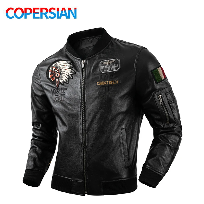 2022 New Indian Embroidery Baseball Uniform Pure Top Layer Cowhide Leather jacket Men's Cowhide Leather Motorcycle Slim Jackets