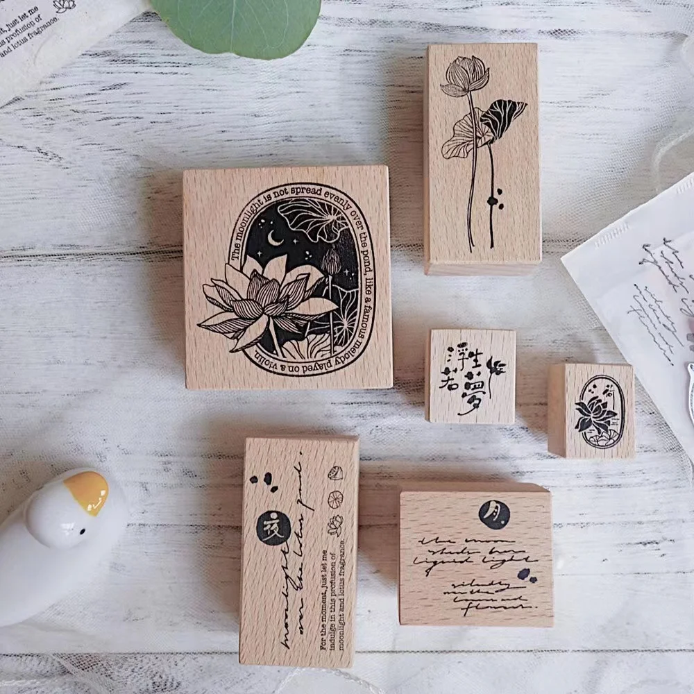 Винтажный деревянный резиновый штамп в форме лотоса с лунным светом для