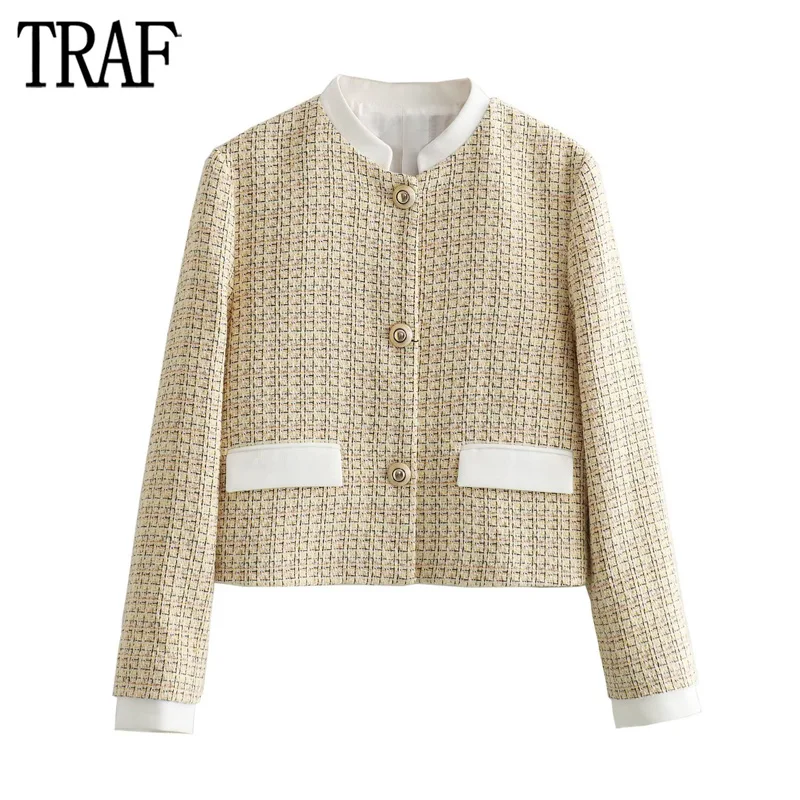 

TRAF Tweed Cropped Blazers for Women Golden Button Jacket Women Streetwear Textured Blazer Woman Autumn Long Sleeve Blazer Women