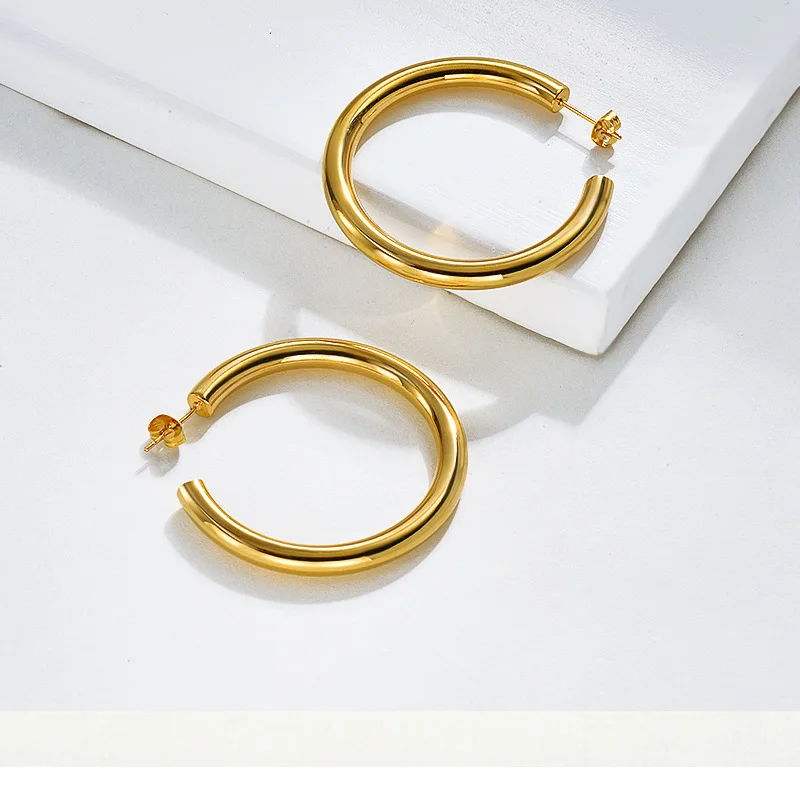 

Trendy Thick Hoops Stainless Steel Golden Round Earrings Vintage Fine Jewelry For Woman Daily Wear Elegant Chic Circle Ear Clips