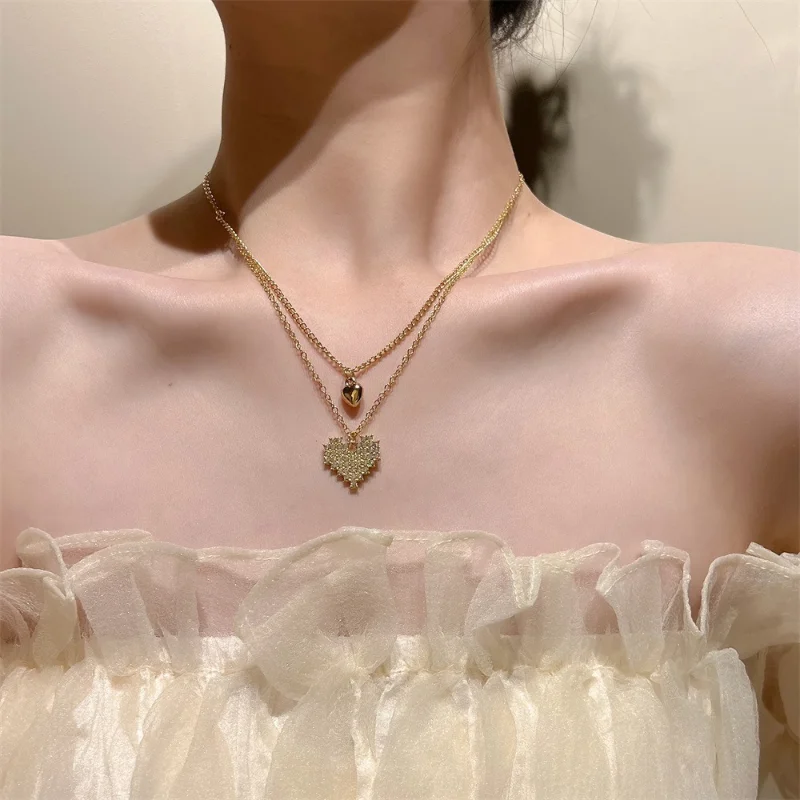 

Diamond Inlaid Double Layer Heart-shaped Chain Necklace for Women's Engagement Wedding Gold Necklace Charm Women's Jewelry