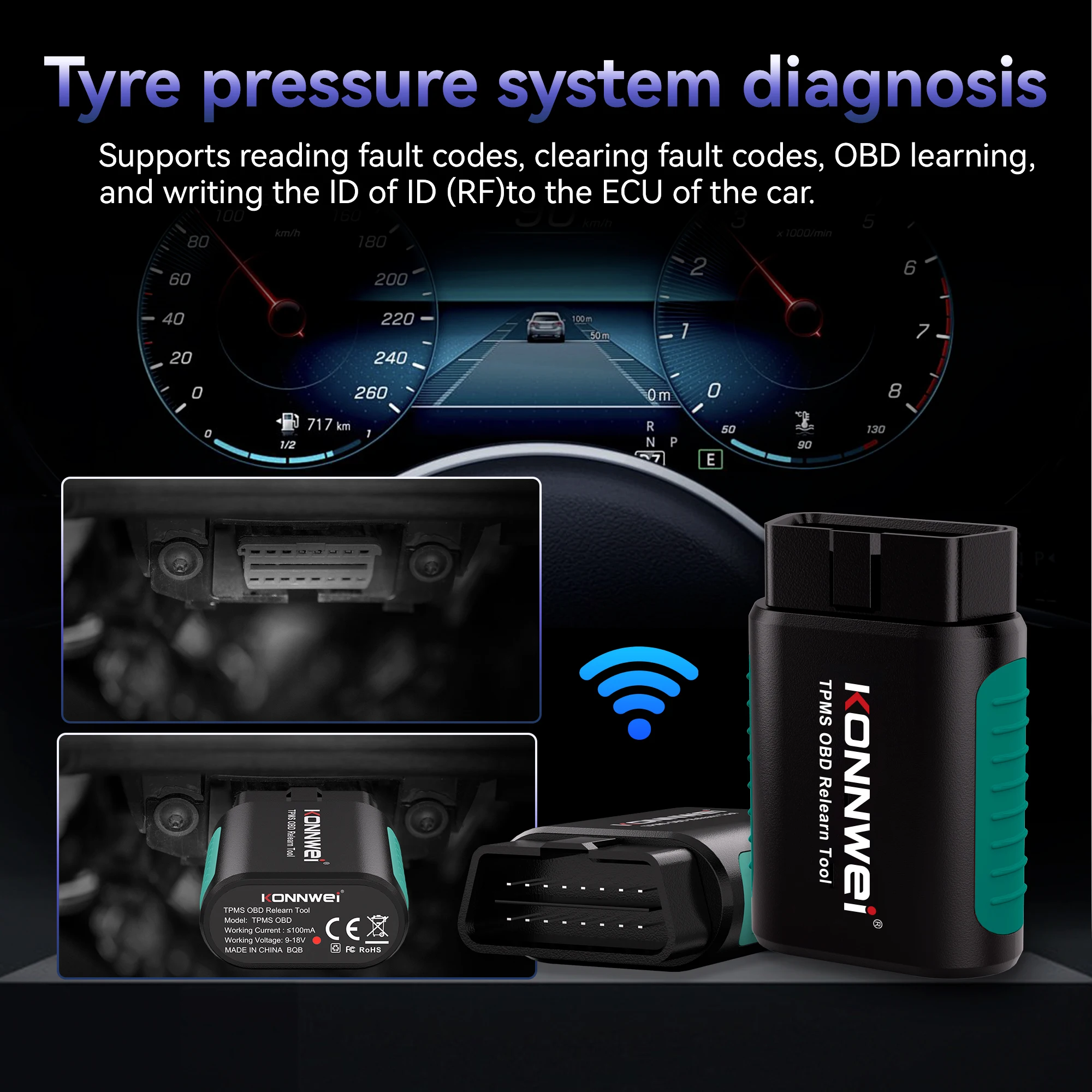 Фото 2026 KONNWEI TK100 Программируемые датчики TPMS для автомобилей, инструмент для перепрограммирования OBD, 433 МГц/315 МГц, программирование через СМС, система контроля давления в шинах №4