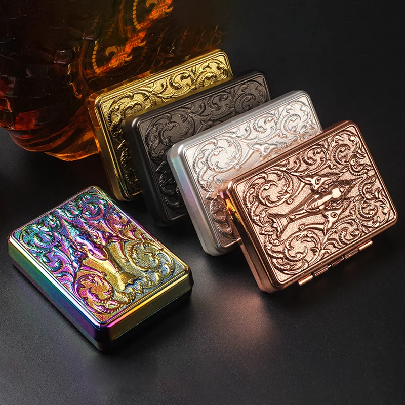 

2022 Classic Metal Cigarette Case Hand Carved Cigarette Storage Box 14 Portable Double Open Cigarette Case Festive Party Gift