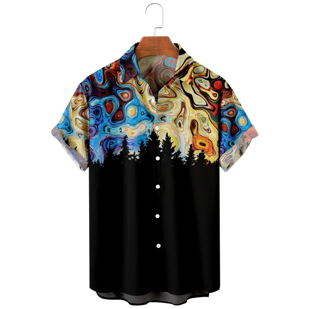 2022 Psychedelic Rainbow Swirl Pattern Print Shirt, Fashion Casual Psychedelic Retro Art Style, Summer Pocket Shirt for Men new