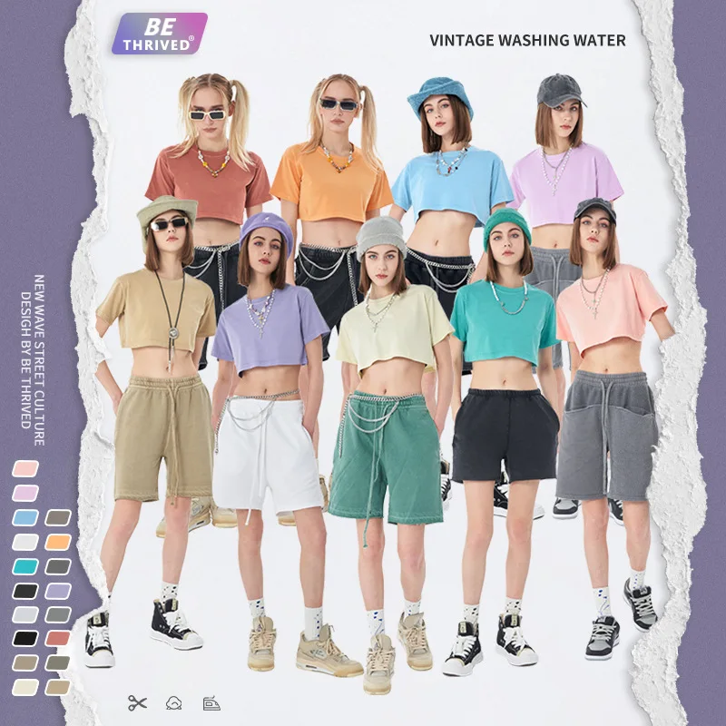 

2022 Spring and Summer New Old-fashioned Short T-shirt Solid Color Hot Girl Street Hip-hop Sexy Short-sleeved Cotton Tops Tees