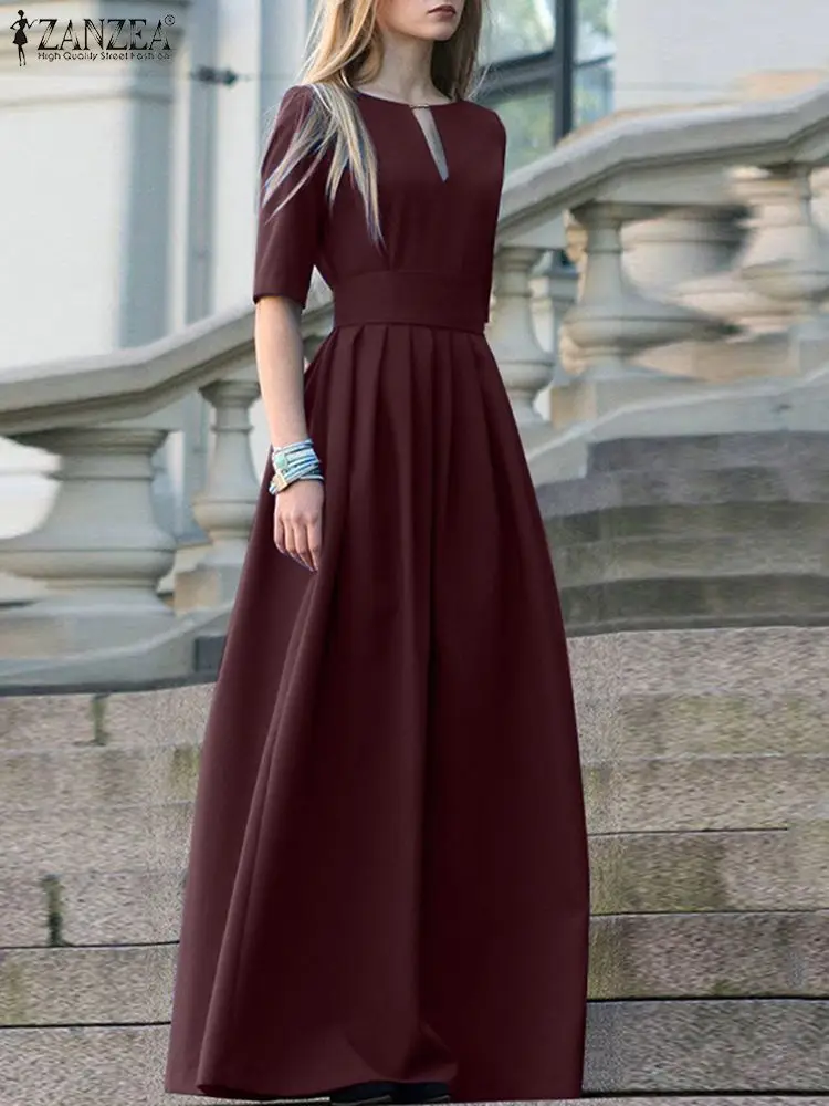 

ZANZEA женское модное повседневное праздничное тонкое длинное платье 2022 женское вечернее элегантное платье с поясом летнее однотонное платье...