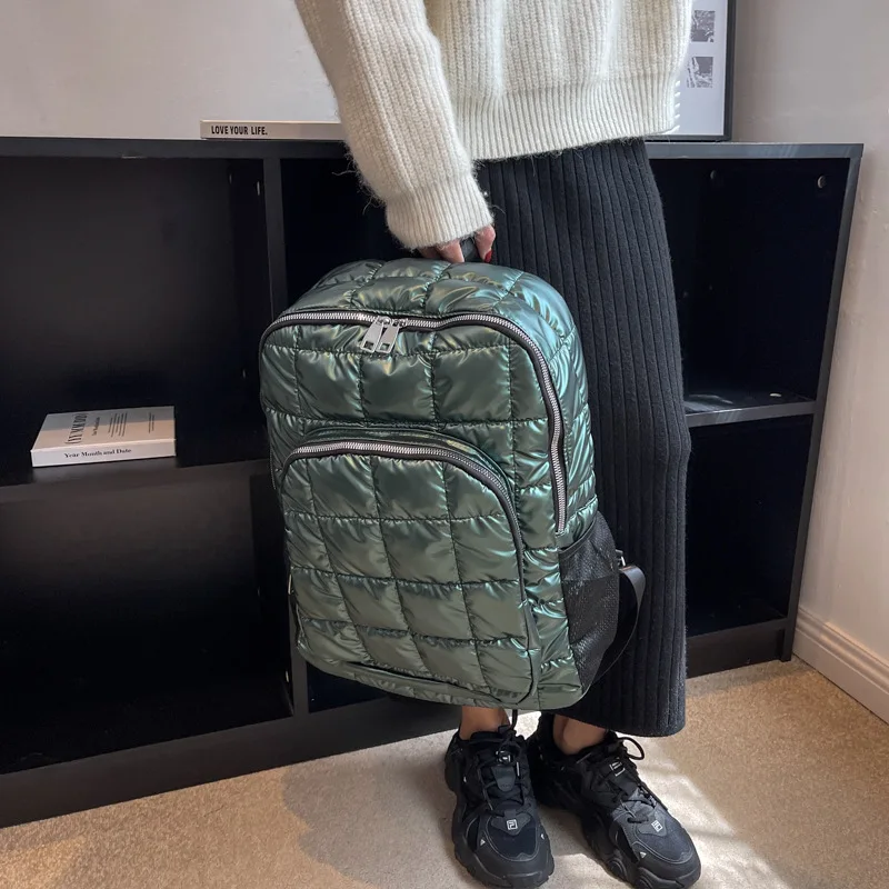 Winter Space Down Women's Backpack Checkered Backpack Large Capacity Schoolbag Quilted Plaid Female School Backpacks Bags Girls