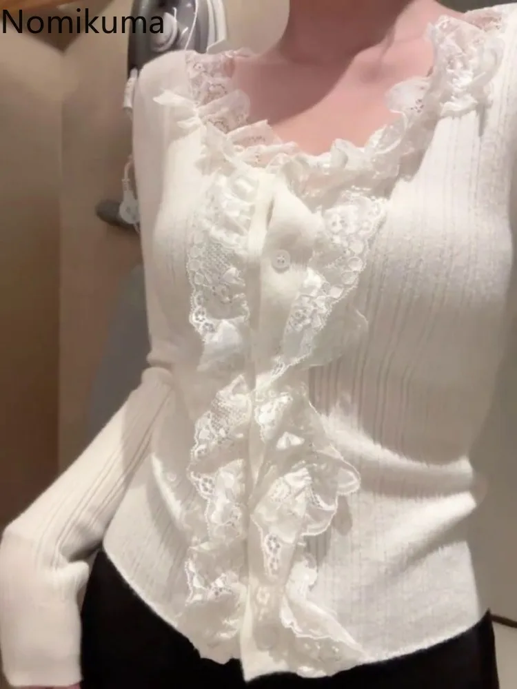 Белый кардиган топы женская одежда Sueter Mujer лоскутное кружево облегающий свитер