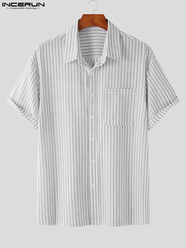 Korean Style Men's All-match Simple Striped Blouse Casusal Streetwear Male Hot Sale Short Sleeve Shirts S-5XL INCERUN Tops 2022