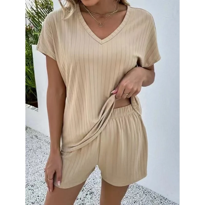 Women's Summer Shorts Set 2023 New Sexy V-Neck Solid Color Casual Loose Pullover Fashion Plus Size Two Piece Home Pajama T-Shirt