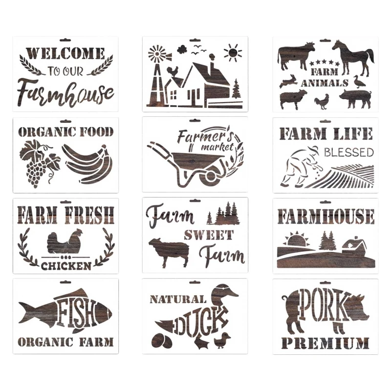 

12 Sheets DIY Farmhouse Sign Drawing Template Farm Theme Reusable Painting Stencils Washable for DIY Floor Table Cabinet