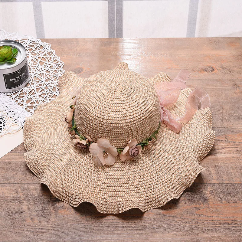 

2022 New Korean Version Women's Hats Big Wave Flower Sun Hat Beach Outdoor Sun Protection Straw Cap Summer Hats for Women