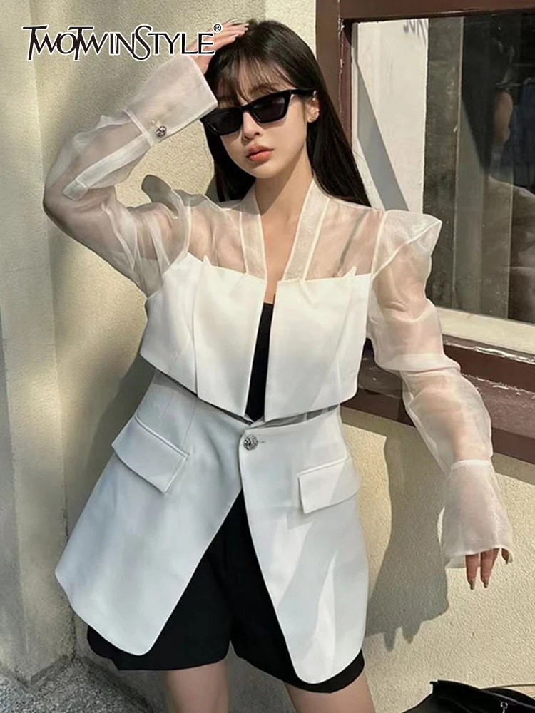 

Женский сетчатый Блейзер TWOTWINSTYLE, однотонный Блейзер на одной пуговице с отложным воротником и длинными рукавами в стиле пэчворк, одежда для женщин