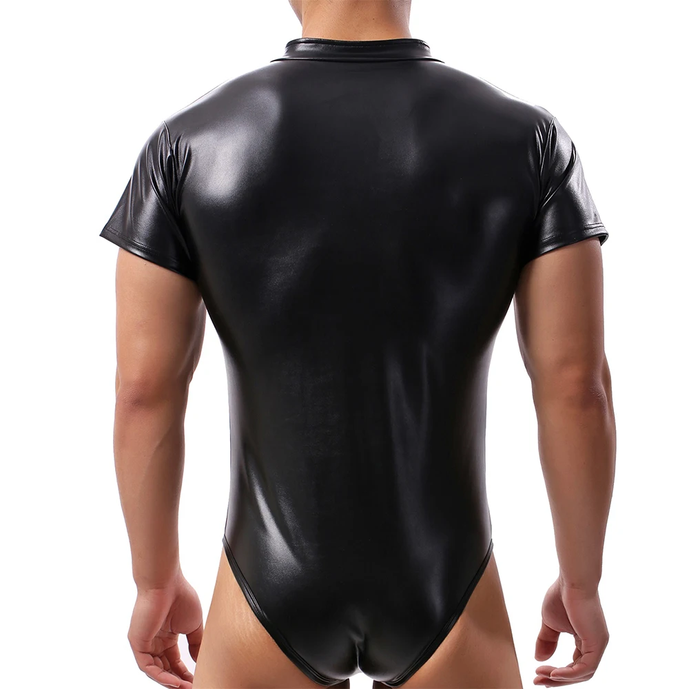 Mens PU Leather Bodysuit Wetlook Wrestling Singlet Short Sleeve Stretch Front Zipper Bodysuits Sexy Black Clubwear Undershirts