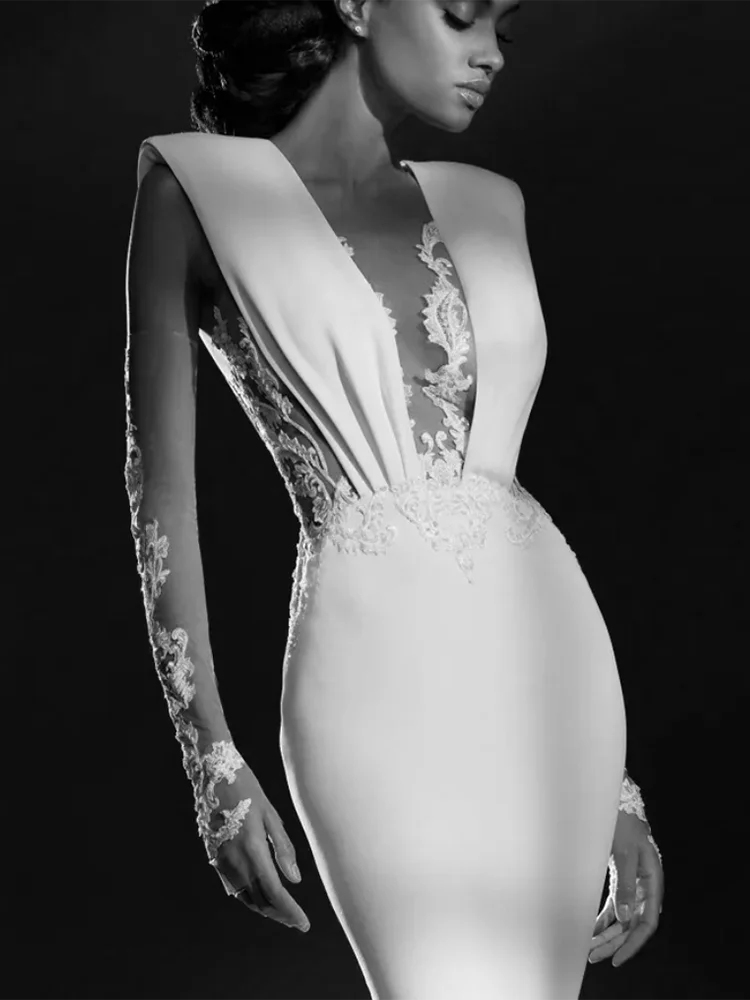 

Elegant White V-Neck Long Sleeve Appliques Mermaid Trumpet Sweep Train Satin Woman Wedding Dresses Bridal Engagement Party
