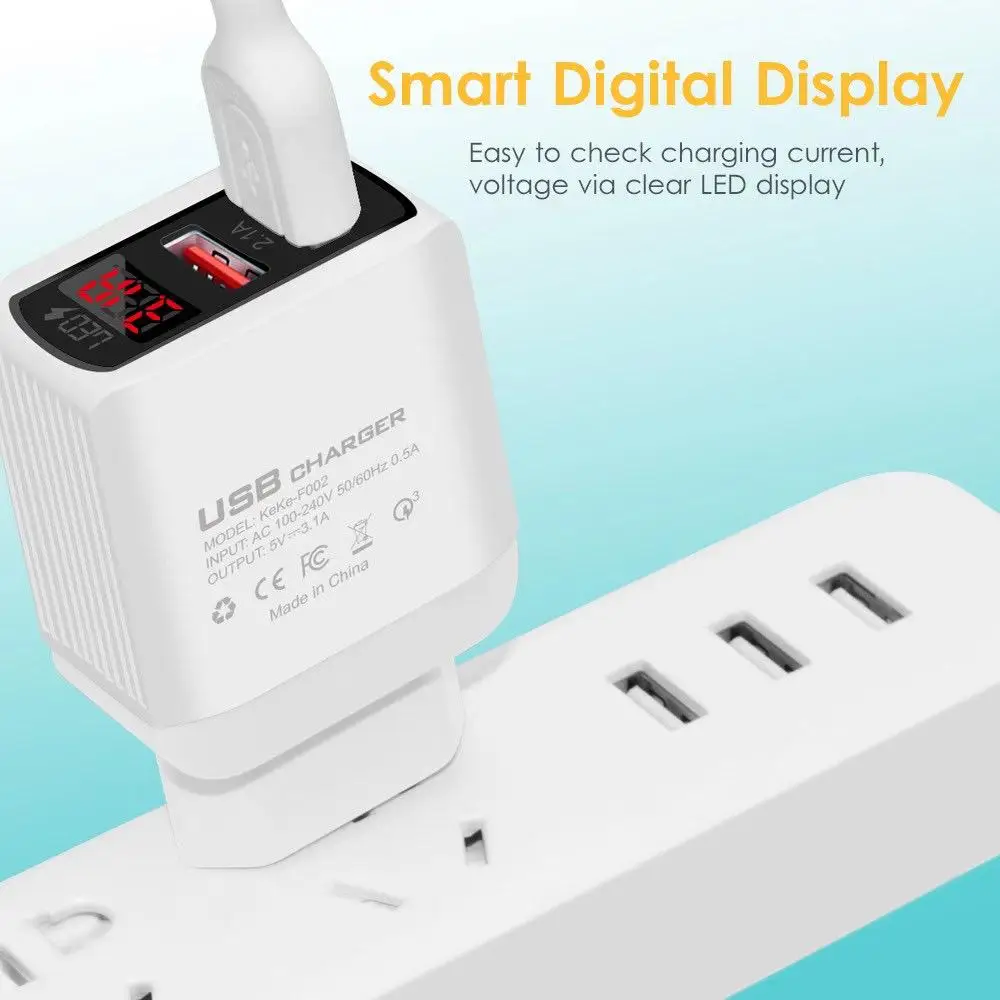 

Ac100-240v 50-60hz Led Display Smart Mobile Phone Charger Eu/us/uk Plug Travel Adapter 2 Ports Usb Charger Qc3.0-dual Charger