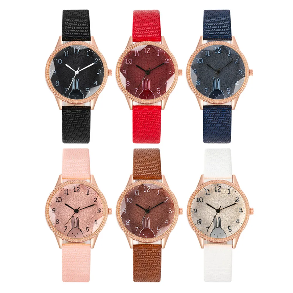 Fashion 2023 New Brand Women Quartz Watch Luxury Pink Rhinestone Rabbit design Ladies Watches Sport Leather Clock Gifts