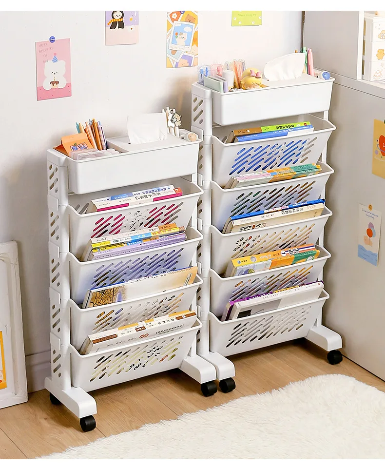 

4/5 Layer Movable Storage Rack Multi-layer Simple Bookshelf Easy Assembly Bookcase Organizer with Wheels Furniture Book Shelf