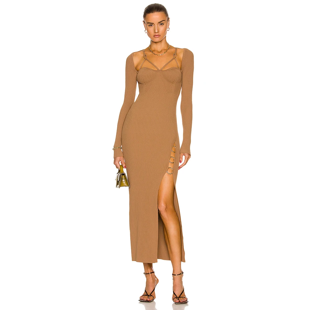 Sexy Long Sleeve Hollow Out 2022 New Summer Women's High Slit Bodycon Bandage Dress Elegant Evening Celebrity Party Dress Outfit