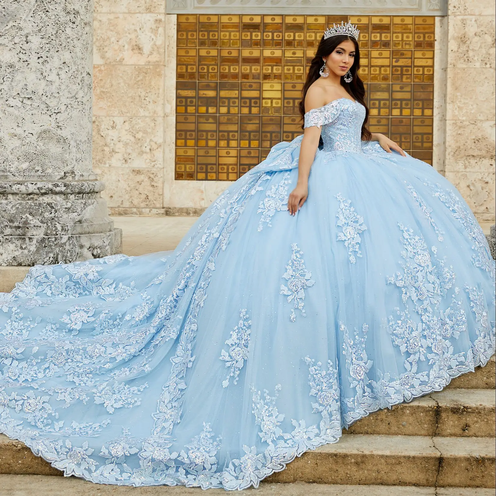 

Небесно-голубое Пышное бальное платье Quinceanera бальное платье с открытыми плечами тюлевые аппликации мексиканские милые платья 16 лет