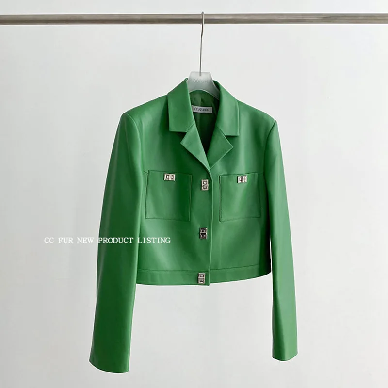 2023 Women New Genuine Sheep Jacket Casual Metal Buckle Real Sheepskin Leather Jacket E10