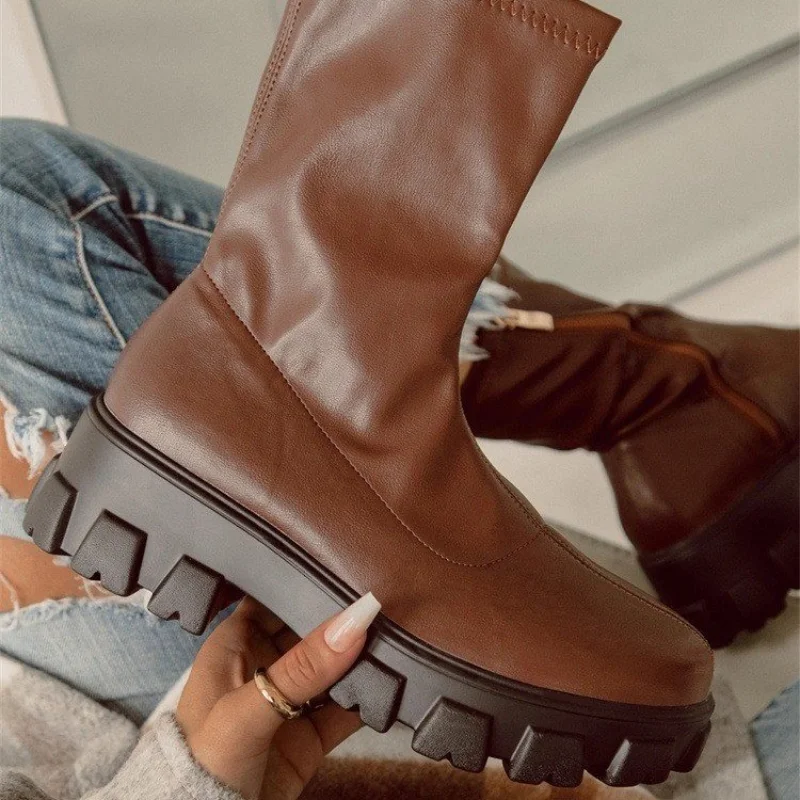 

Новинка 2023, модные рыцарские сапоги в британском стиле, сапоги до середины икры на массивном каблуке, удобные осенне-зимние женские сапоги п...