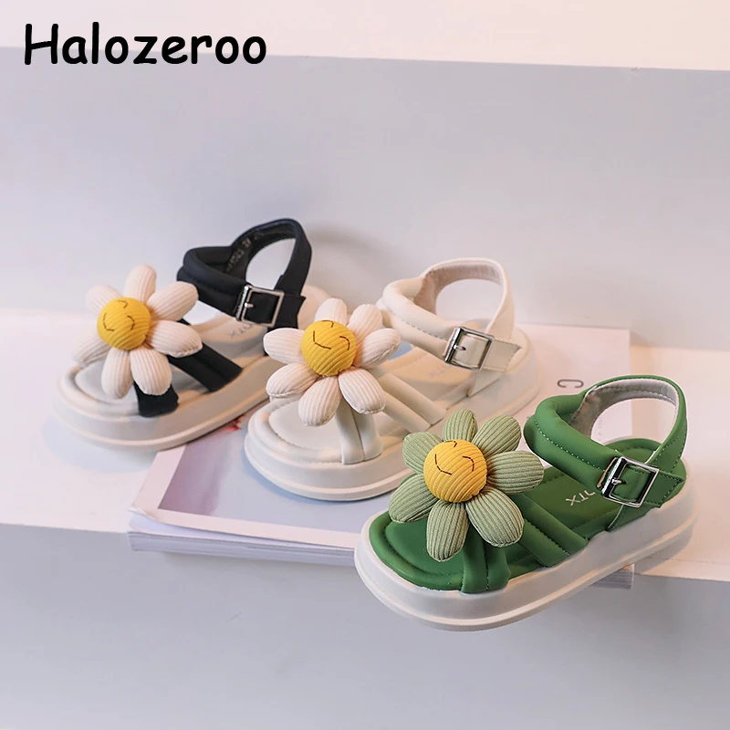 

Детские пляжные сандалии, брендовые туфли с цветами для маленьких девочек, модные шлепанцы принцессы, летняя обувь из искусственной кожи на плоской подошве, черный цвет