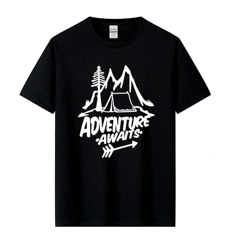 

Adventure Awaits Letter T-shirt Travel, Pine Tree, Mountains, Tent Printing T-shirt Top Quality Pure Cotton Unisex