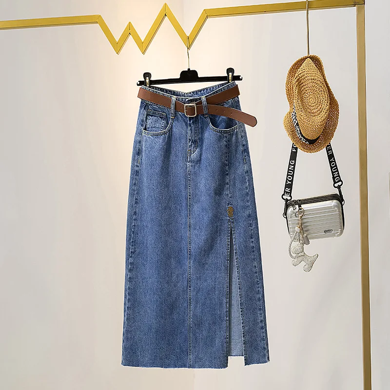

Y2k Skirt Woman 2023 Denim Skirts Women Jeans High Waist Calf Length Blue Wish Belt Summer Clothes Streetwear Fashion