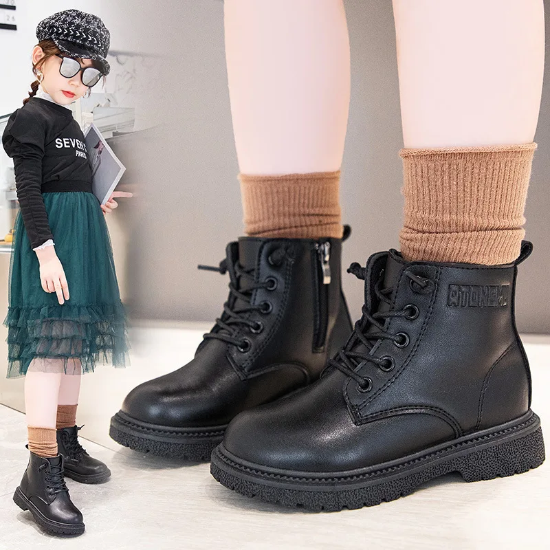 Girl's Soft Soles Comfortable Leather Boots New English Style Low Top Black Net Red  Side Zipper Boots Kids Shoes